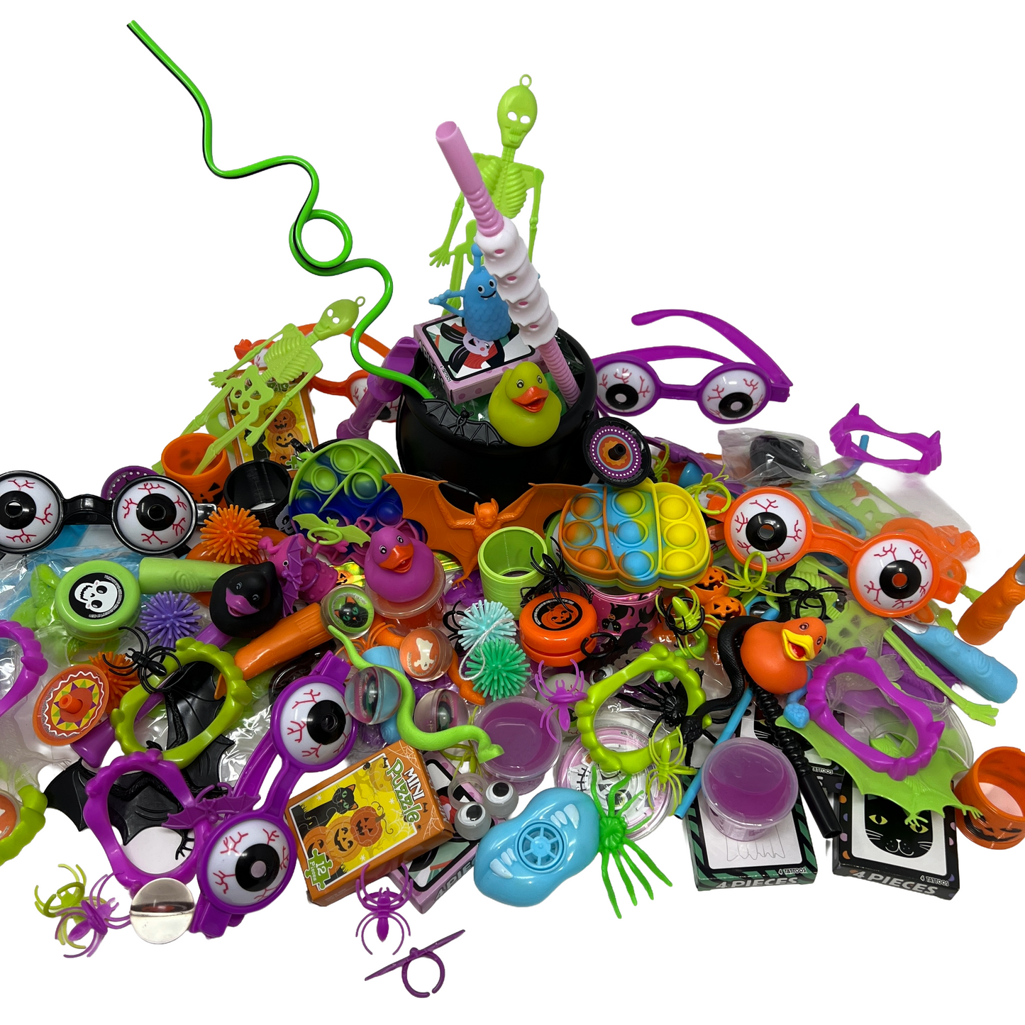 Ultimate Halloween Party Favors Bulk Pack - 150 Piece Assorted Spooky Novelty Toys, Fidget Poppers, Slime, Ducks & More for Kids' Trick-or-Treat Goodie Bags