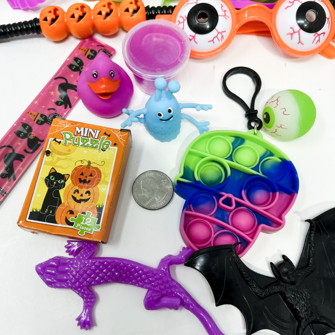Ultimate Halloween Party Favors Bulk Pack - 150 Piece Assorted Spooky Novelty Toys, Fidget Poppers, Slime, Ducks & More for Kids' Trick-or-Treat Goodie Bags