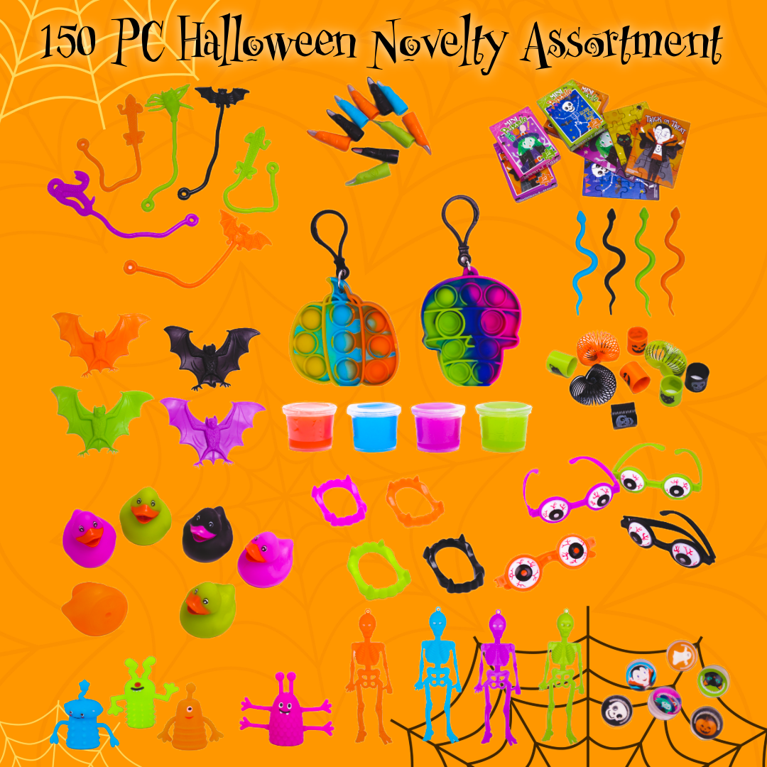 Ultimate Halloween Party Favors Bulk Pack - 150 Piece Assorted Spooky Novelty Toys, Fidget Poppers, Slime, Ducks & More for Kids' Trick-or-Treat Goodie Bags