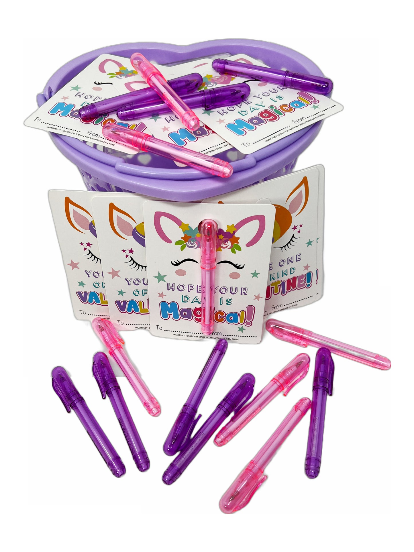 Cheep N Cheerful Valentine Kiddie Card Basket with 16ct Mini Pens and Unicorn Cards, Deluxe Valentine Cards, Kids valentines, 33 pcs