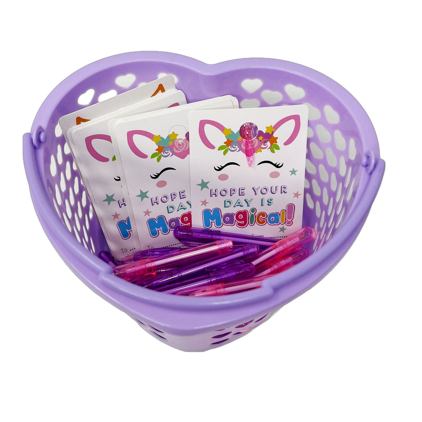 Cheep N Cheerful Valentine Kiddie Card Basket with 16ct Mini Pens and Unicorn Cards, Deluxe Valentine Cards, Kids valentines, 33 pcs