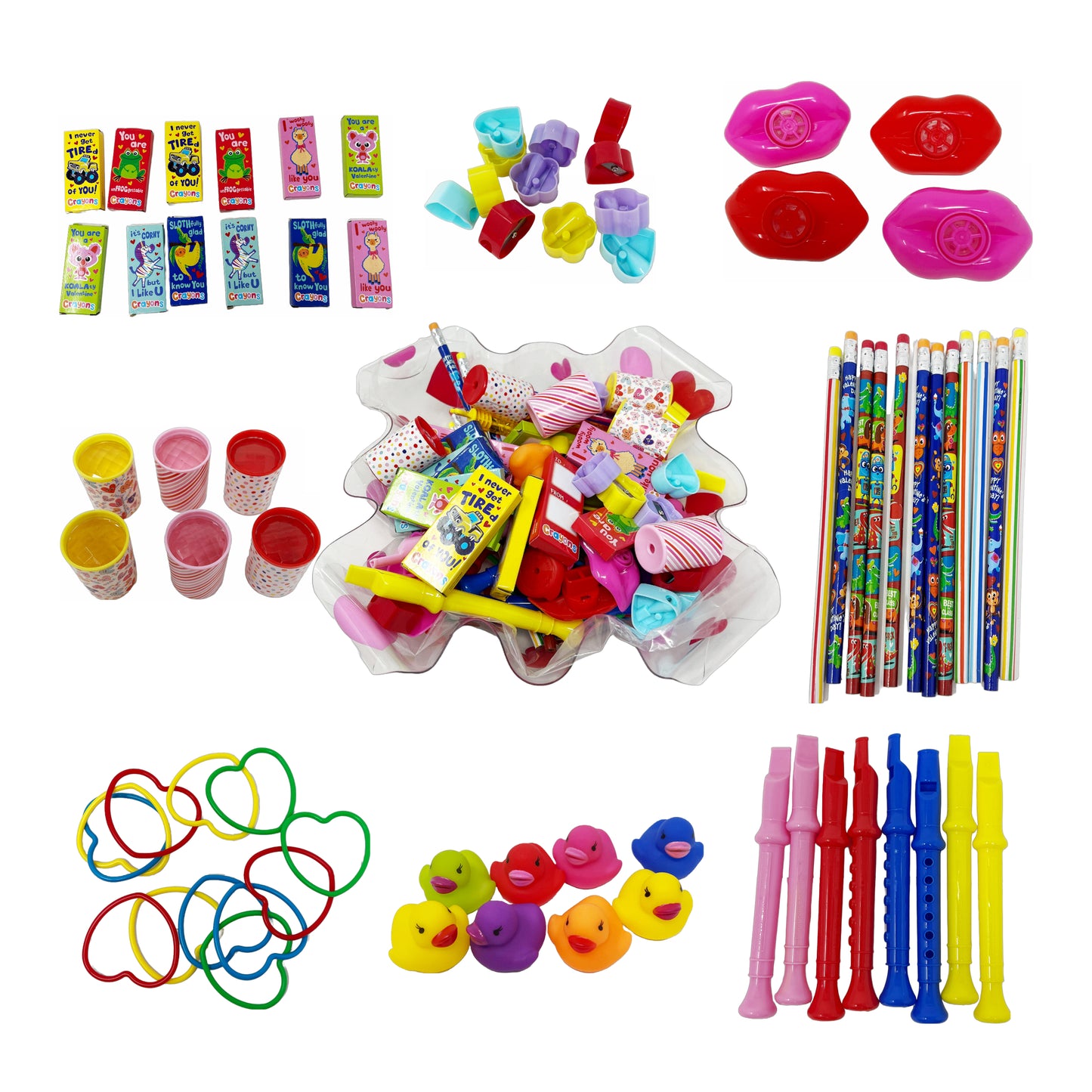 Cheep N Cheerful 80 Pc Valentine Novelty Toy Value Bundle with Ruffle Bowl, Kids Valentine, Valentines Day Toys