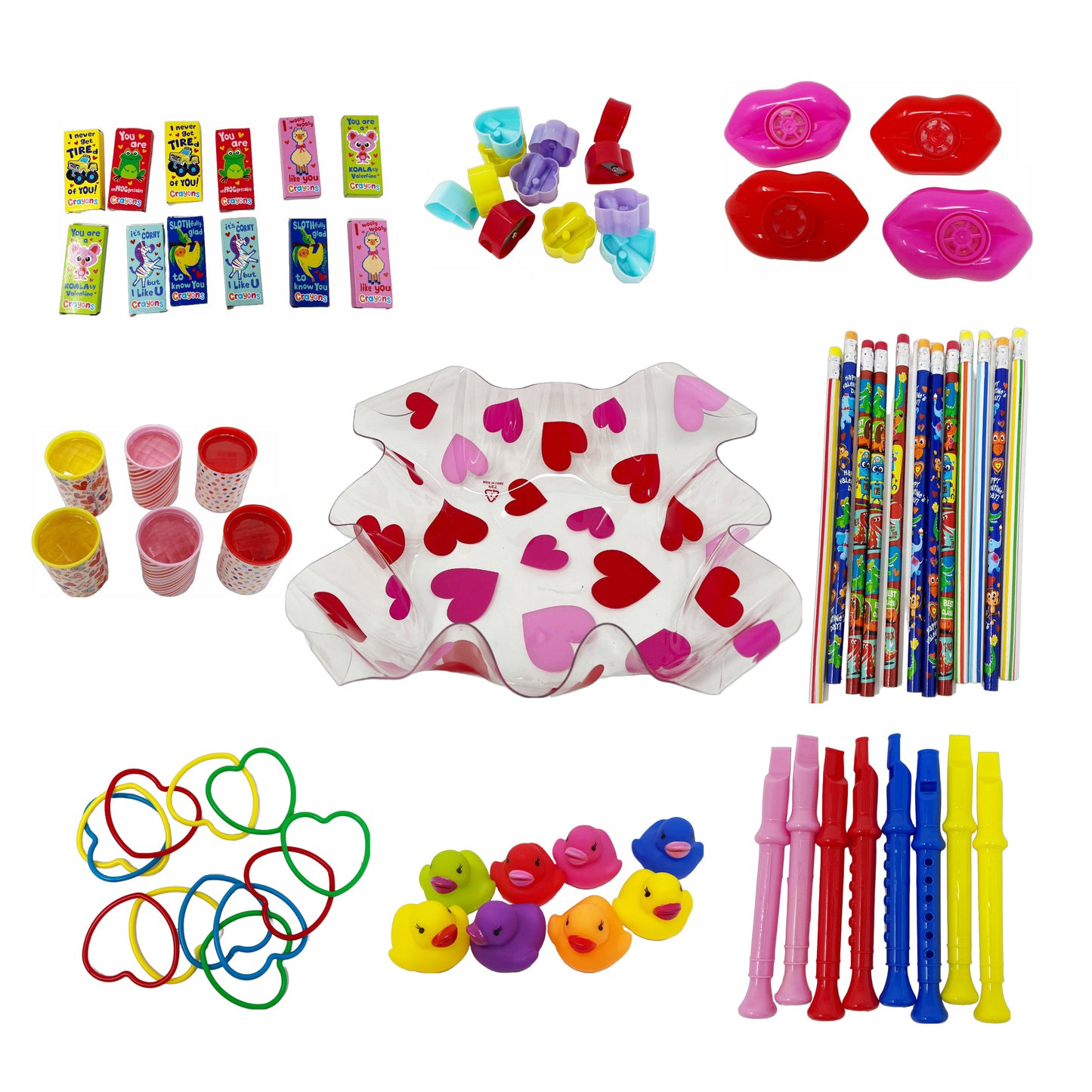 Cheep N Cheerful 80 Pc Valentine Novelty Toy Value Bundle with Ruffle Bowl, Kids Valentine, Valentines Day Toys