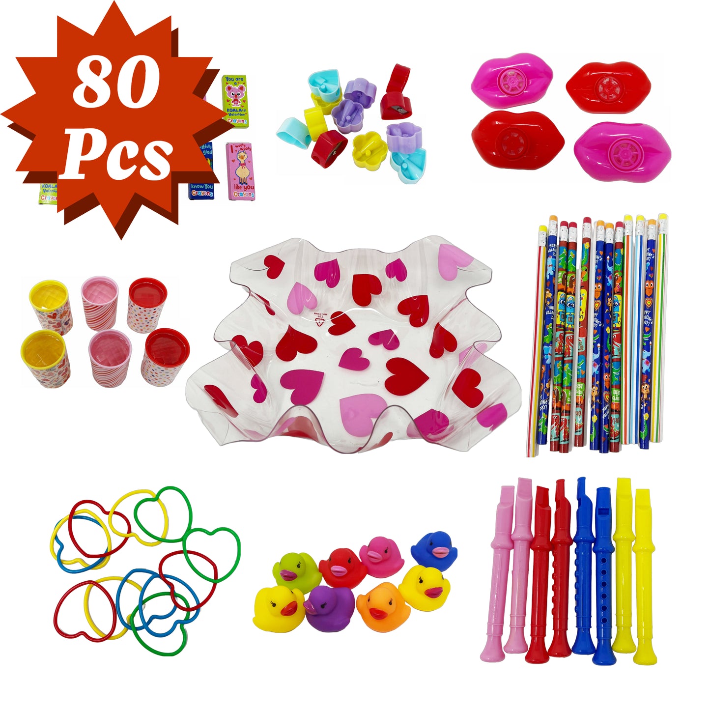 Cheep N Cheerful 80 Pc Valentine Novelty Toy Value Bundle with Ruffle Bowl, Kids Valentine, Valentines Day Toys