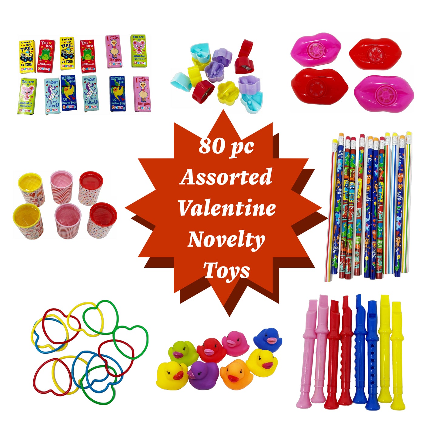 Cheep N Cheerful 80 Pc Valentine Novelty Toy Value Bundle with Ruffle Bowl, Kids Valentine, Valentines Day Toys