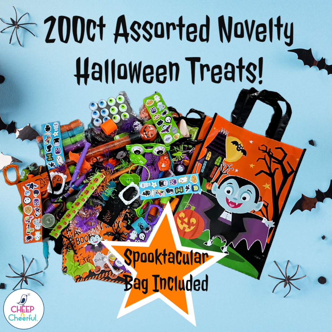 200 Ct Assorted Halloween Novelty Toys with Free Large Tote Bag Allergy FREE