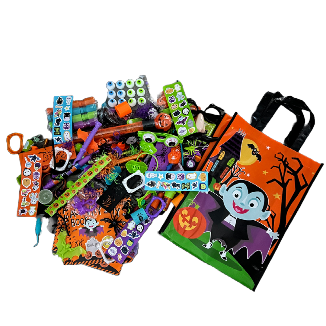 200 Ct Assorted Halloween Novelty Toys with Free Large Tote Bag Allergy FREE