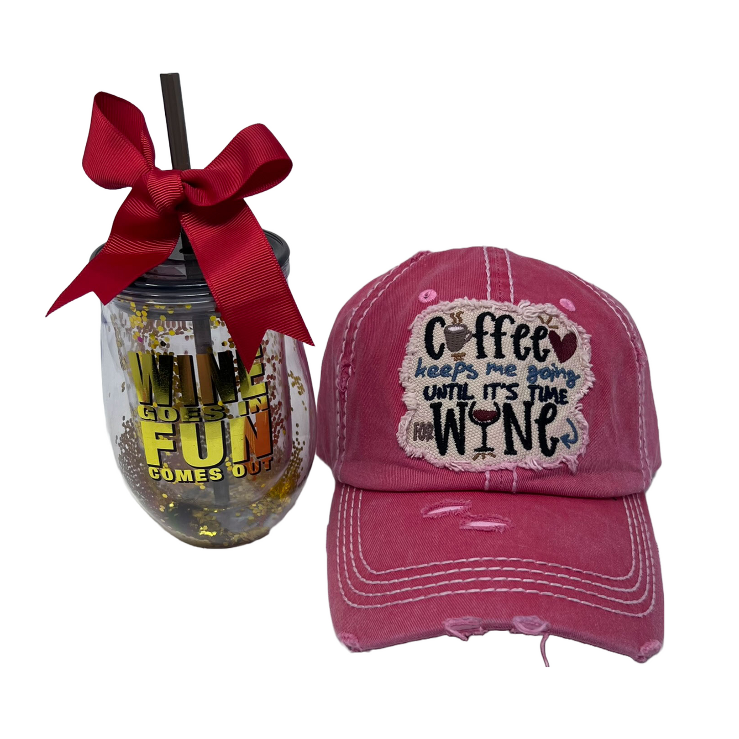 Coffee and Wine Distressed Hat and Wine Tumbler Bundle
