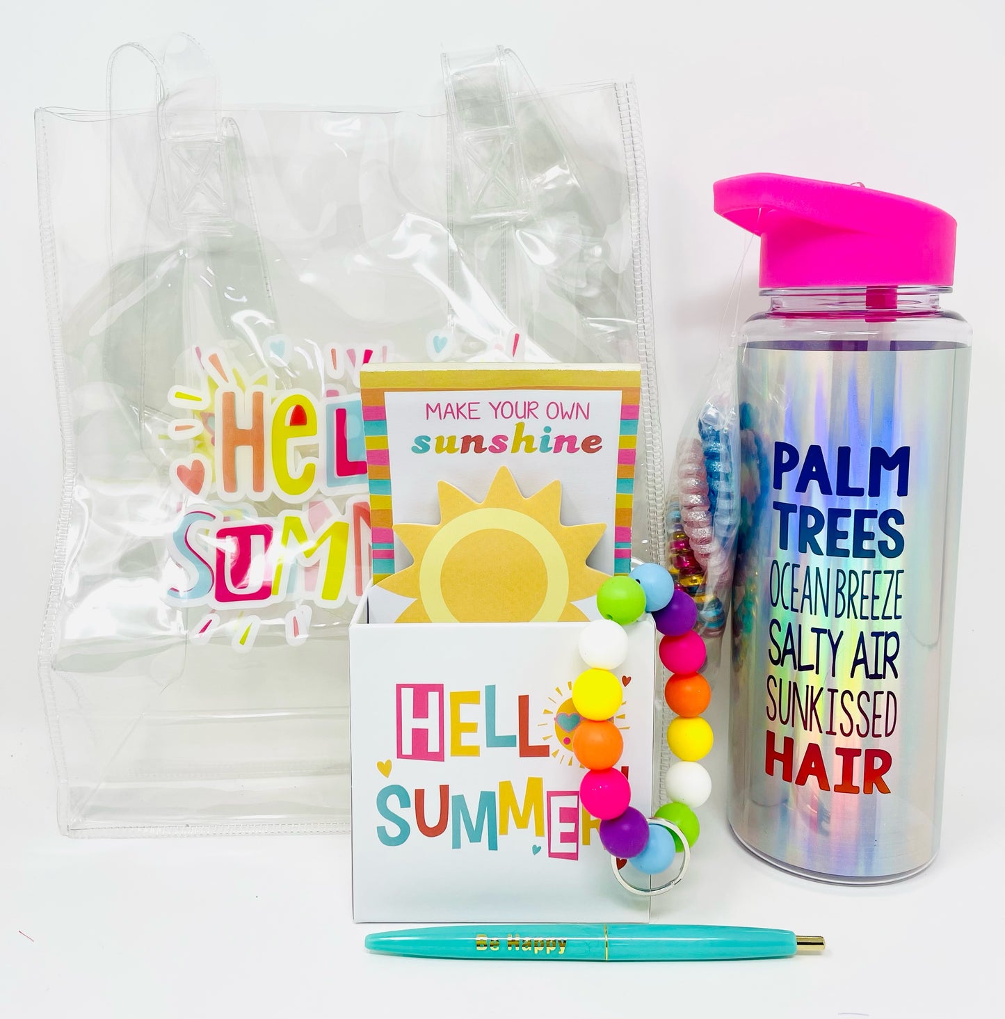 Cheep N Cheerful "Hello Summer" Gift Bundle, Water Bottle, Note Pad, Summer Tote, Hair Ties, Key Chain, Teacher Giftable