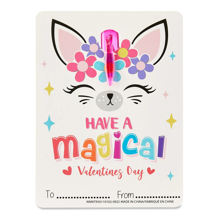 Cheep N Cheerful Valentine Kiddie Card Basket with 16ct Mini Pens and Unicorn Cards, Deluxe Valentine Cards, Kids valentines, 33 pcs