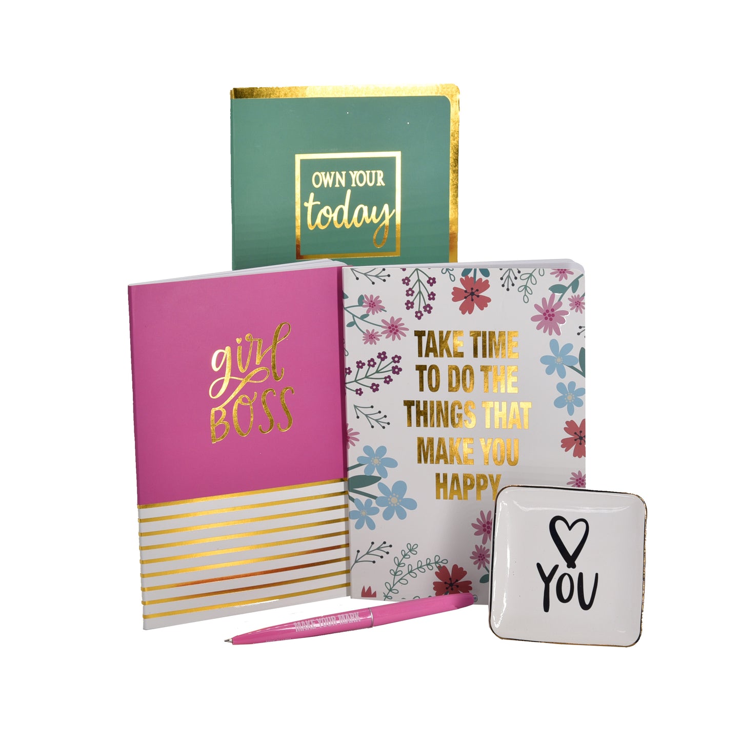 Cheep N Cheerful "Think Happy Be Happy" Gift Bundle, Teacher Appreciation Gift, Coffee Mug, Notepads, Trinket Tray, Pen, Teacher Giftable