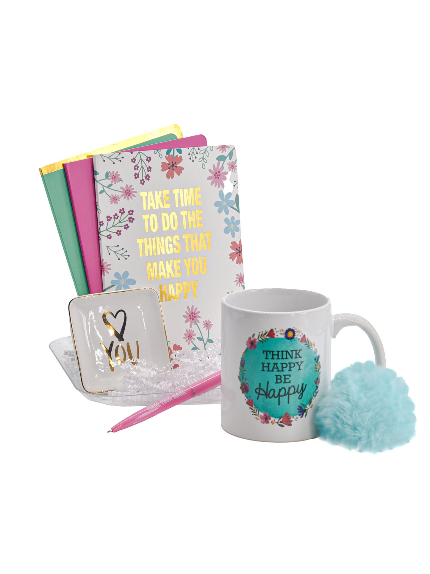 Cheep N Cheerful "Think Happy Be Happy" Gift Bundle, Teacher Appreciation Gift, Coffee Mug, Notepads, Trinket Tray, Pen, Teacher Giftable