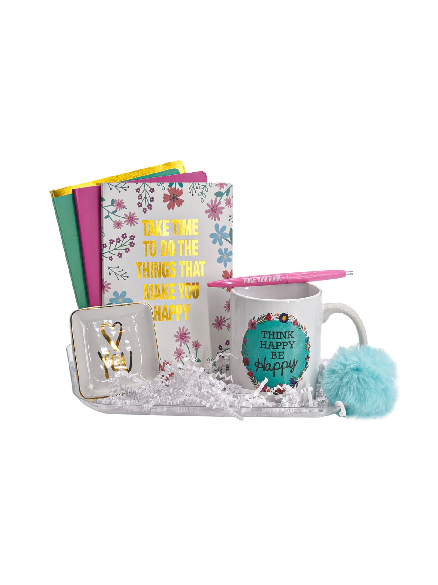 Cheep N Cheerful "Think Happy Be Happy" Gift Bundle, Teacher Appreciation Gift, Coffee Mug, Notepads, Trinket Tray, Pen, Teacher Giftable