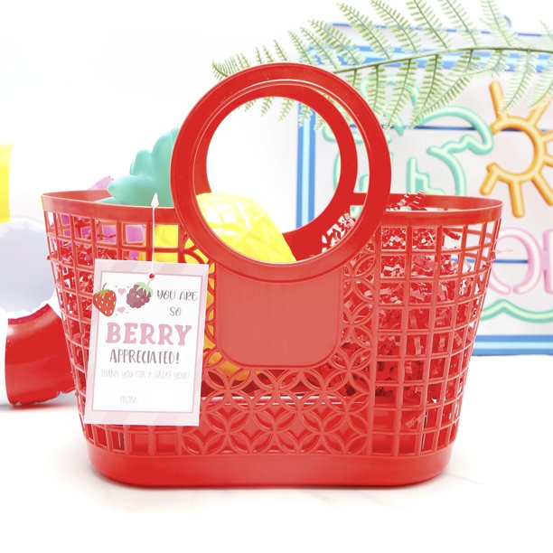 Cheep N Cheerful Teachers Appreciation Gift Basket Bundle, Red Jelly Basket, Tumbler, Notepad, and Clear Pouch, Gift Set