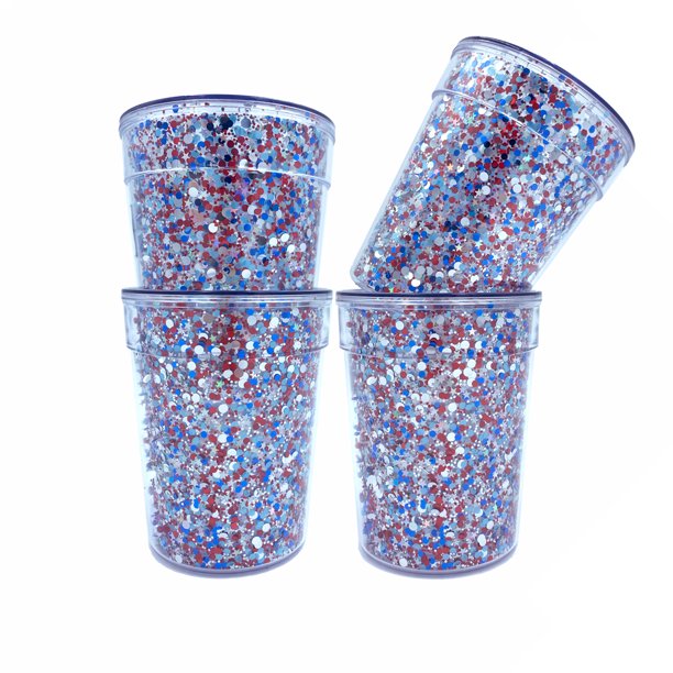 Patriotic Stadium Tumbler, Glitter Infused Double Wall Plastic Tumbler 4 Pack