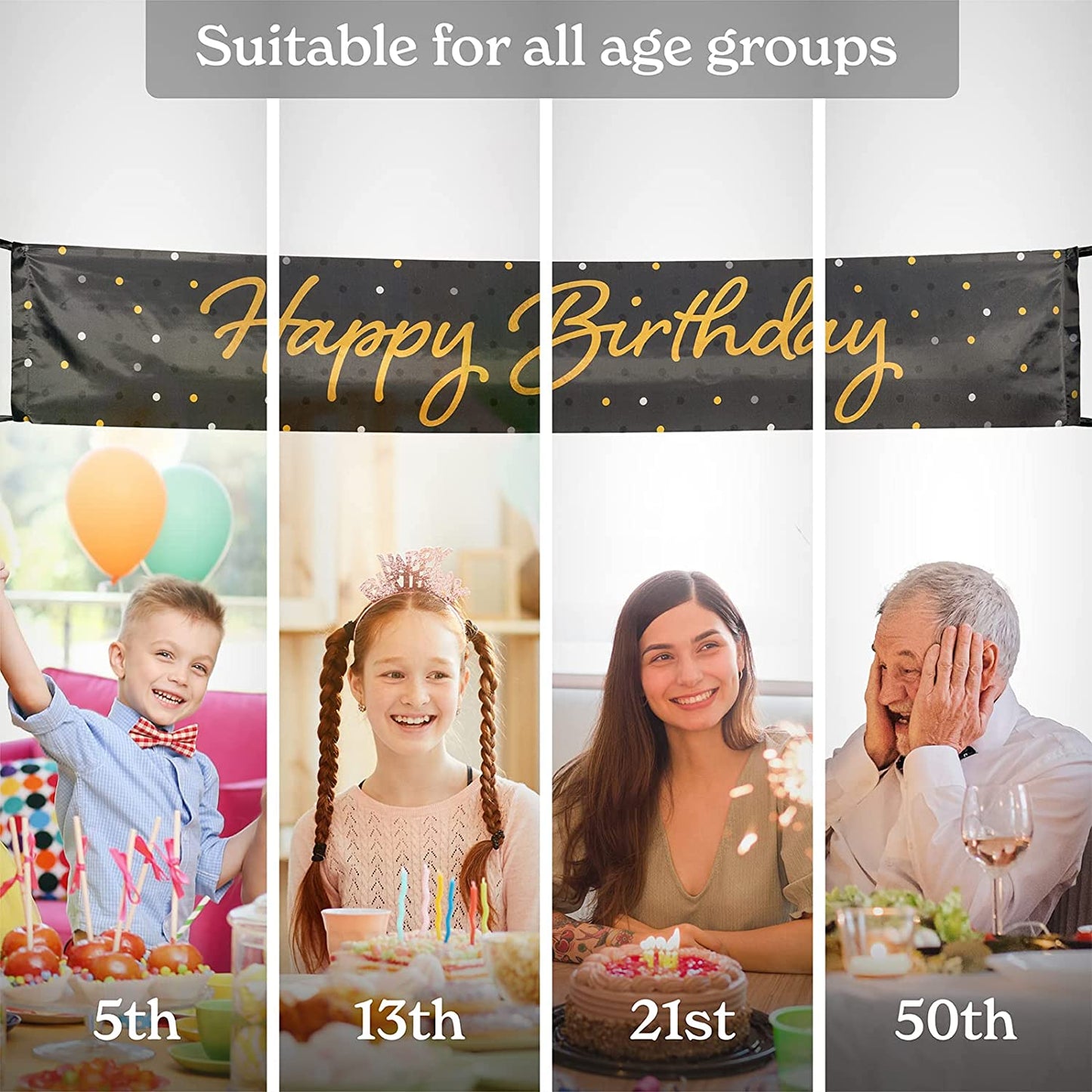 Happy Birthday Yard Sign Banner, 117 x 19 Inch, Black/Gold, Outdoor Birthday Decorations for Lawn, Fence and Trees, Durable Polyester Cloth Material