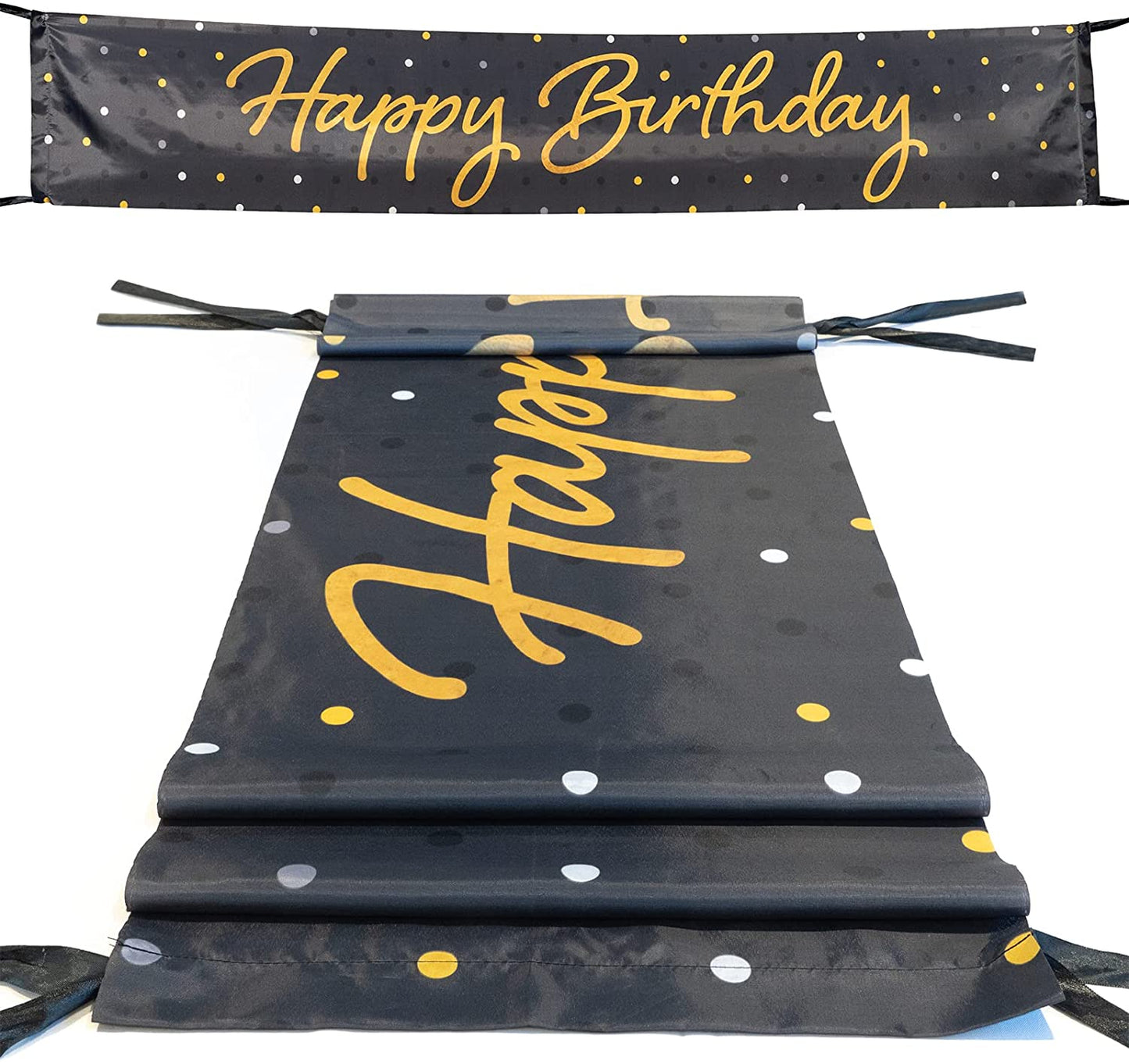 Happy Birthday Yard Sign Banner, 117 x 19 Inch, Black/Gold, Outdoor Birthday Decorations for Lawn, Fence and Trees, Durable Polyester Cloth Material