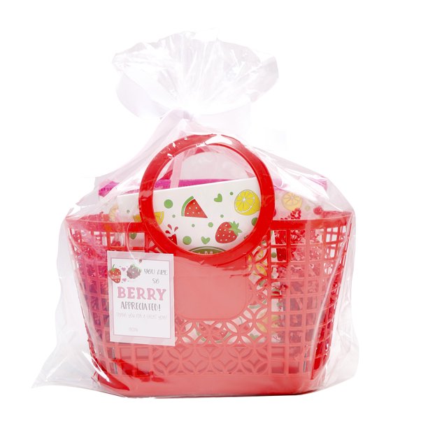 Cheep N Cheerful Teachers Appreciation Gift Basket Bundle, Red Jelly Basket, Tumbler, Notepad, and Clear Pouch, Gift Set