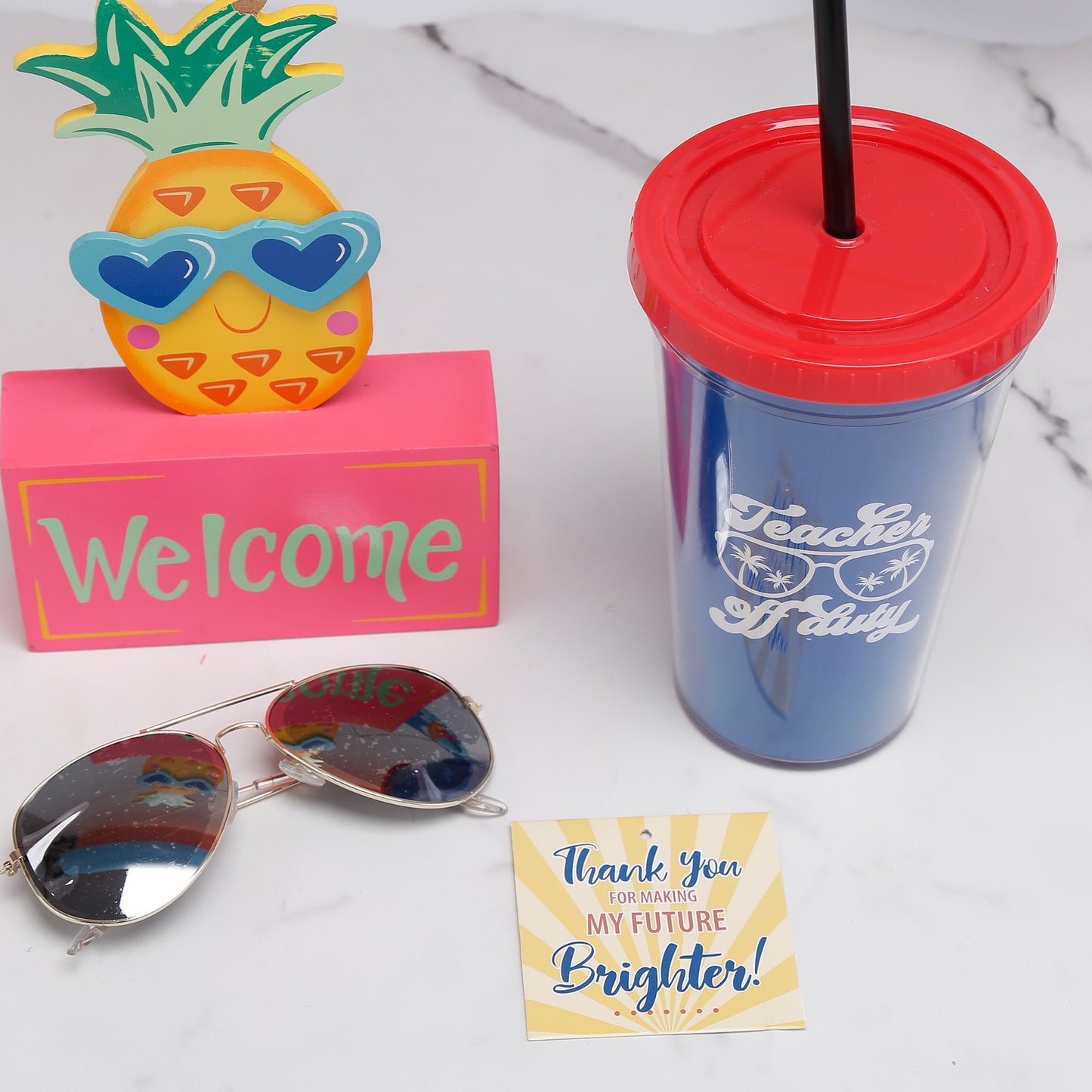 "Teacher Off Duty" Tumbler with AVIATOR Sunglasses