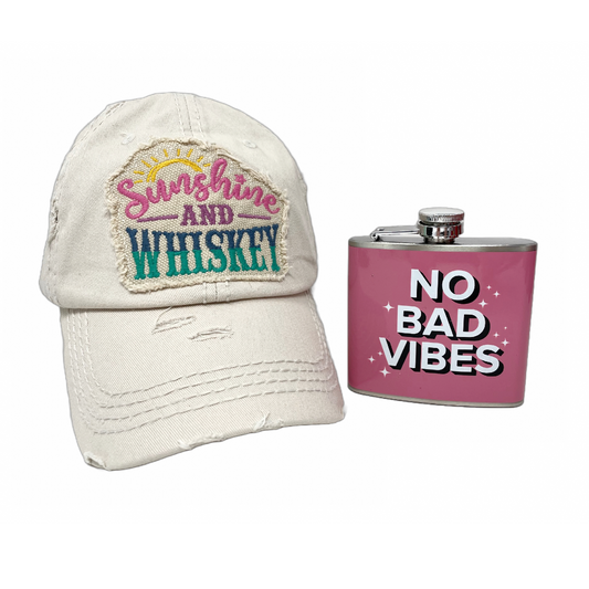 Sunshine and Whiskey Distressed Hat and Flask Giftable