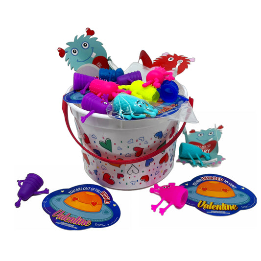 Cheep N Cheerful Valentine Kiddie Card Mailbox Bucket with 16ct Finger Monsters and Cards, Valentine Day Party Favors and Cards, Valentine Toys
