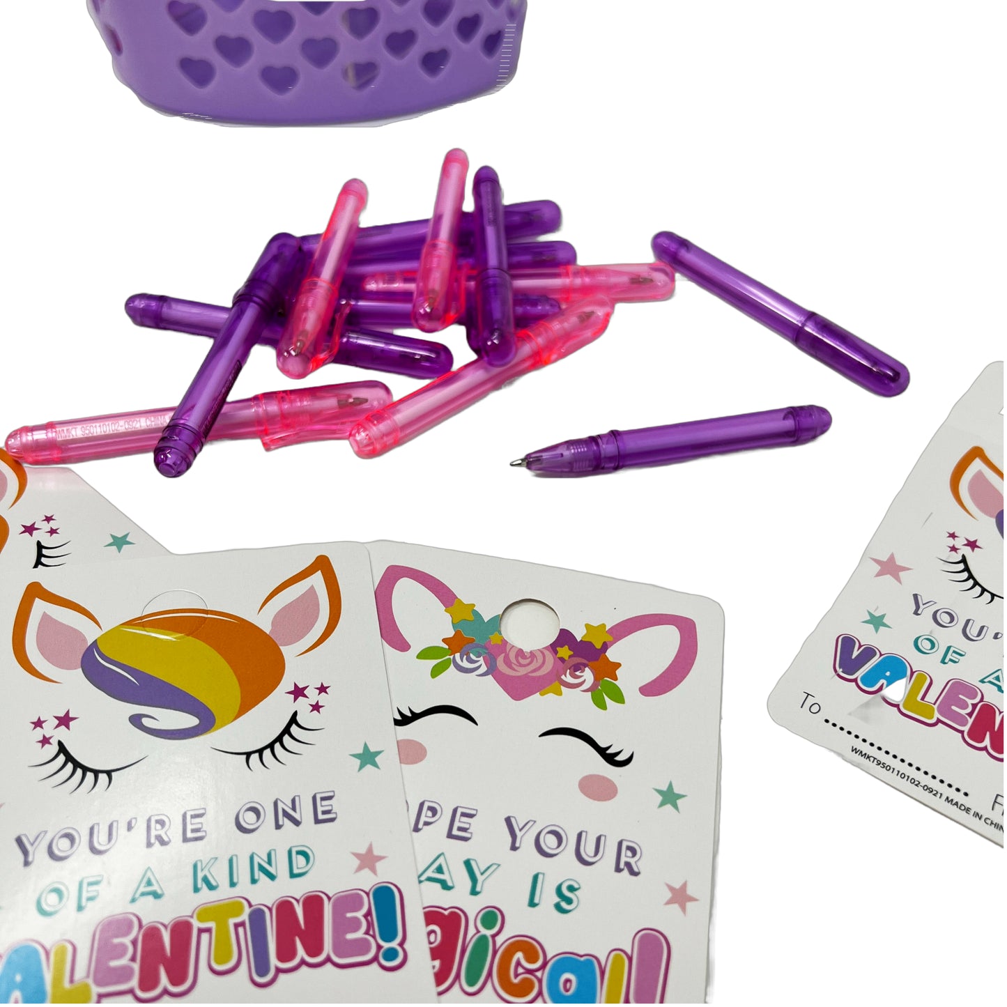 Cheep N Cheerful Valentine Kiddie Card Basket with 16ct Mini Pens and Unicorn Cards, Deluxe Valentine Cards, Kids valentines, 33 pcs