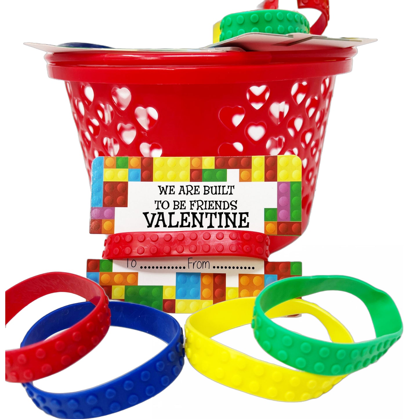 Cheep n Cheerful Valentine Kiddie Card Basket with 16ct Brick Bracelets and Valentine Cards, Deluxe Valentine Novelty, Kids Valentine, 33 pcs