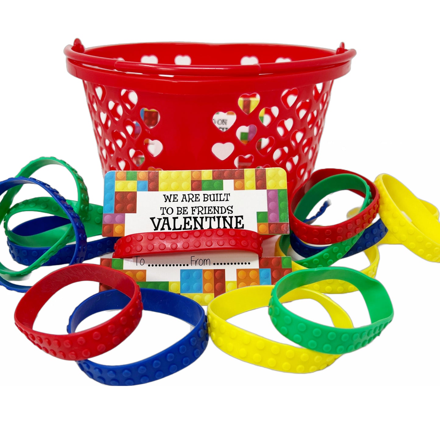 Cheep n Cheerful Valentine Kiddie Card Basket with 16ct Brick Bracelets and Valentine Cards, Deluxe Valentine Novelty, Kids Valentine, 33 pcs