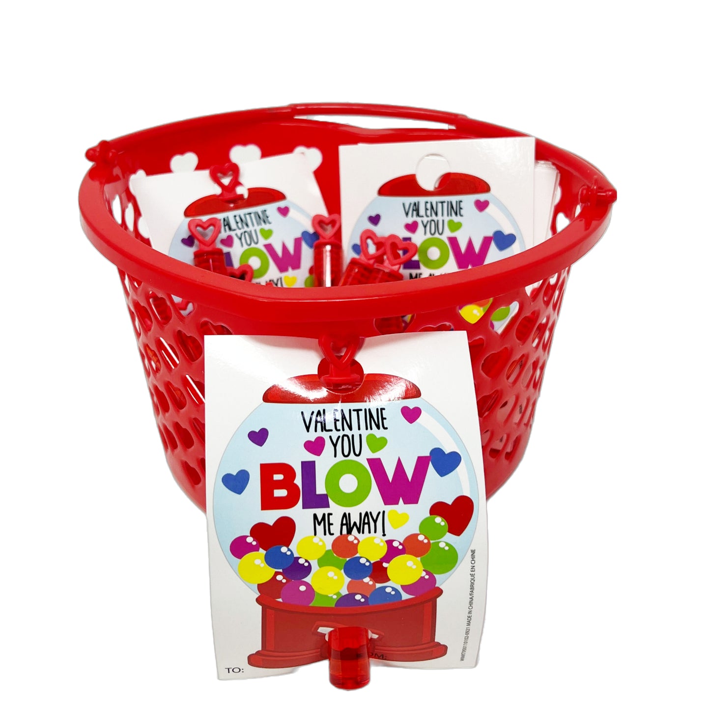 Cheep N Cheerful Valentine Kiddie Card Heart Basket with 16ct Bubble Wands and Cards, Valentine Party Favors, Kids Valentine