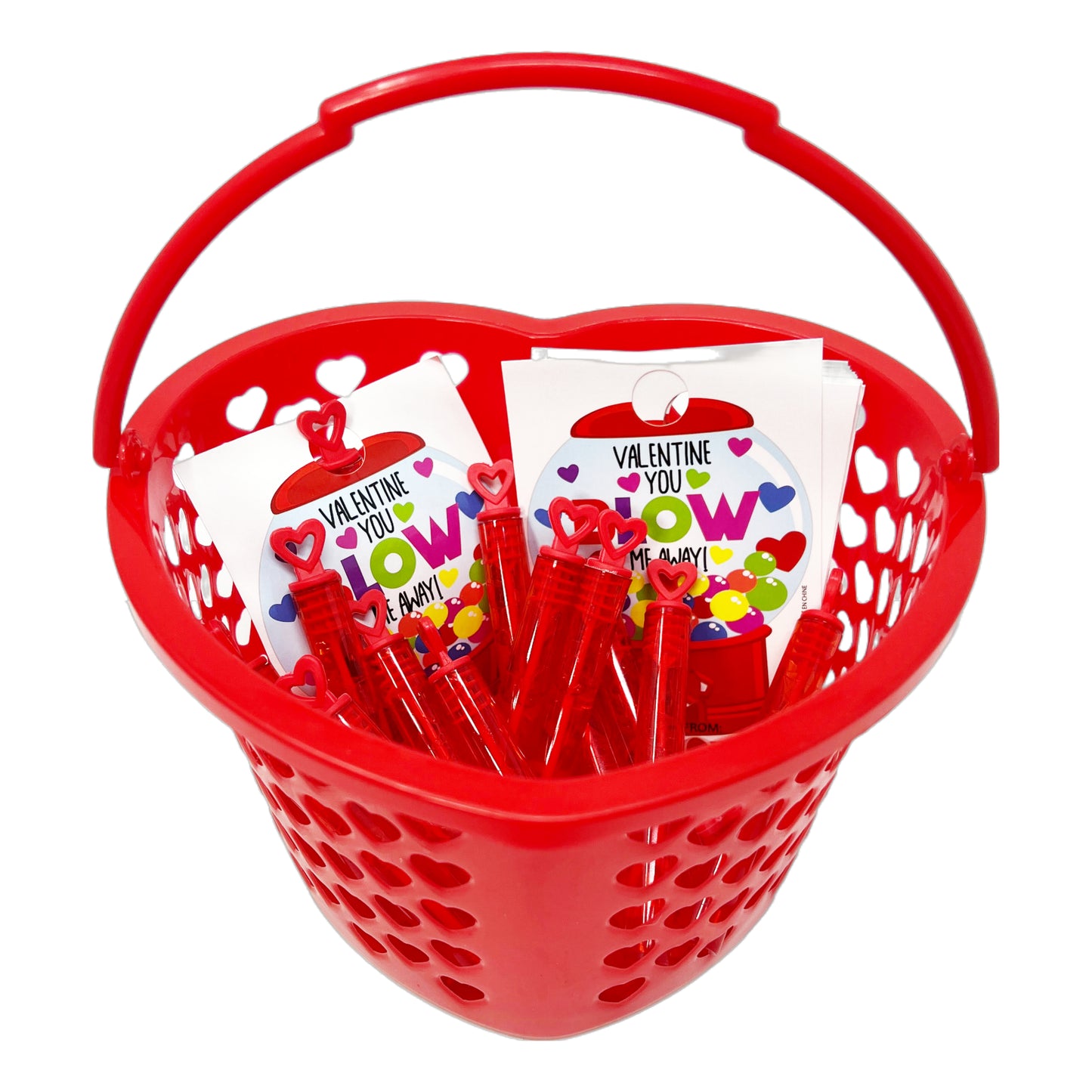 Cheep N Cheerful Valentine Kiddie Card Heart Basket with 16ct Bubble Wands and Cards, Valentine Party Favors, Kids Valentine