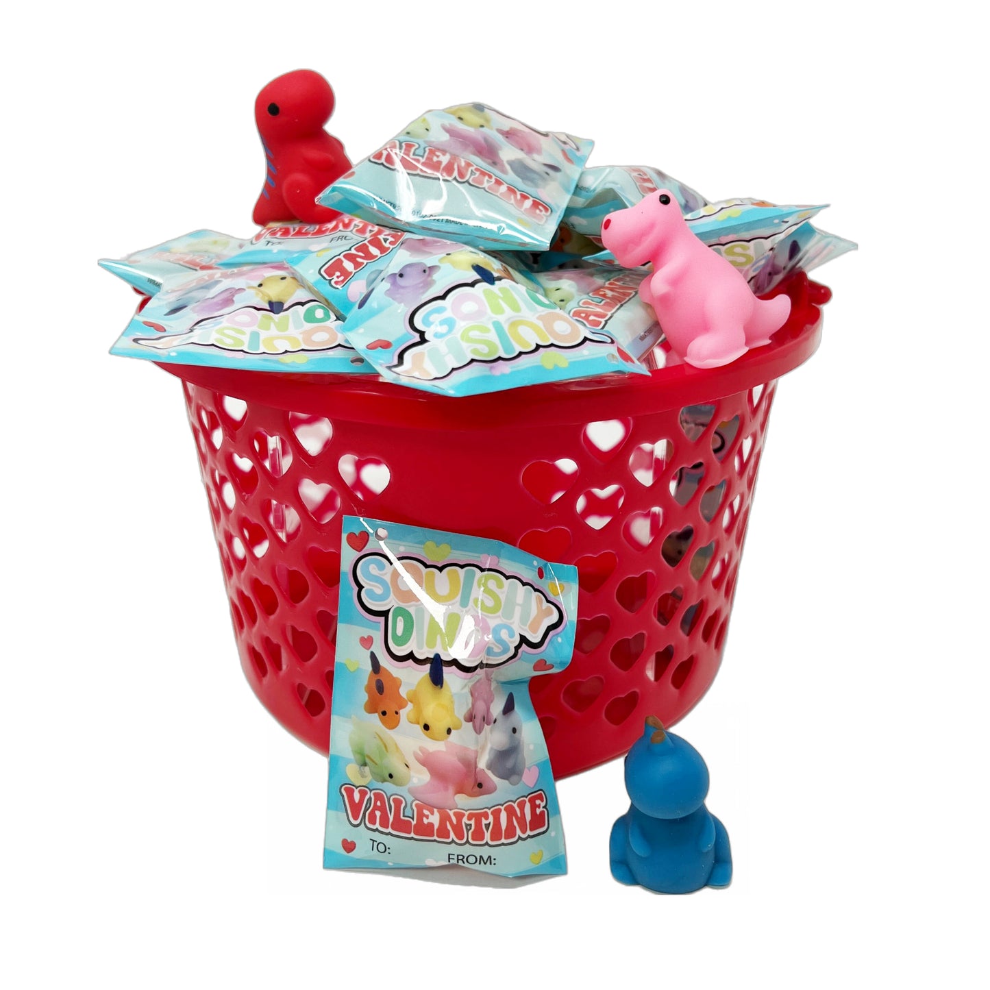 Cheep N Cheerful Valentine Dino Squishes 12ct with Heart Basket, Deluxe Valentine Party Favors, Kids Valentines