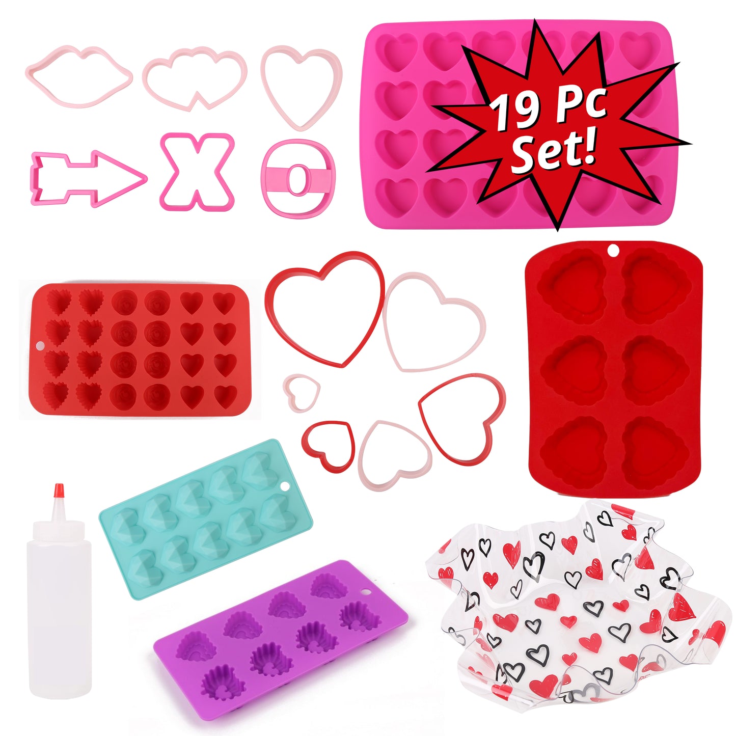 Cheep N Cheerful 19 Pc Deluxe Valentine Silicone Baking Kit, Silicone Molds, Cookie Cutters, Squeeze Bottle, Ruffled Bowl