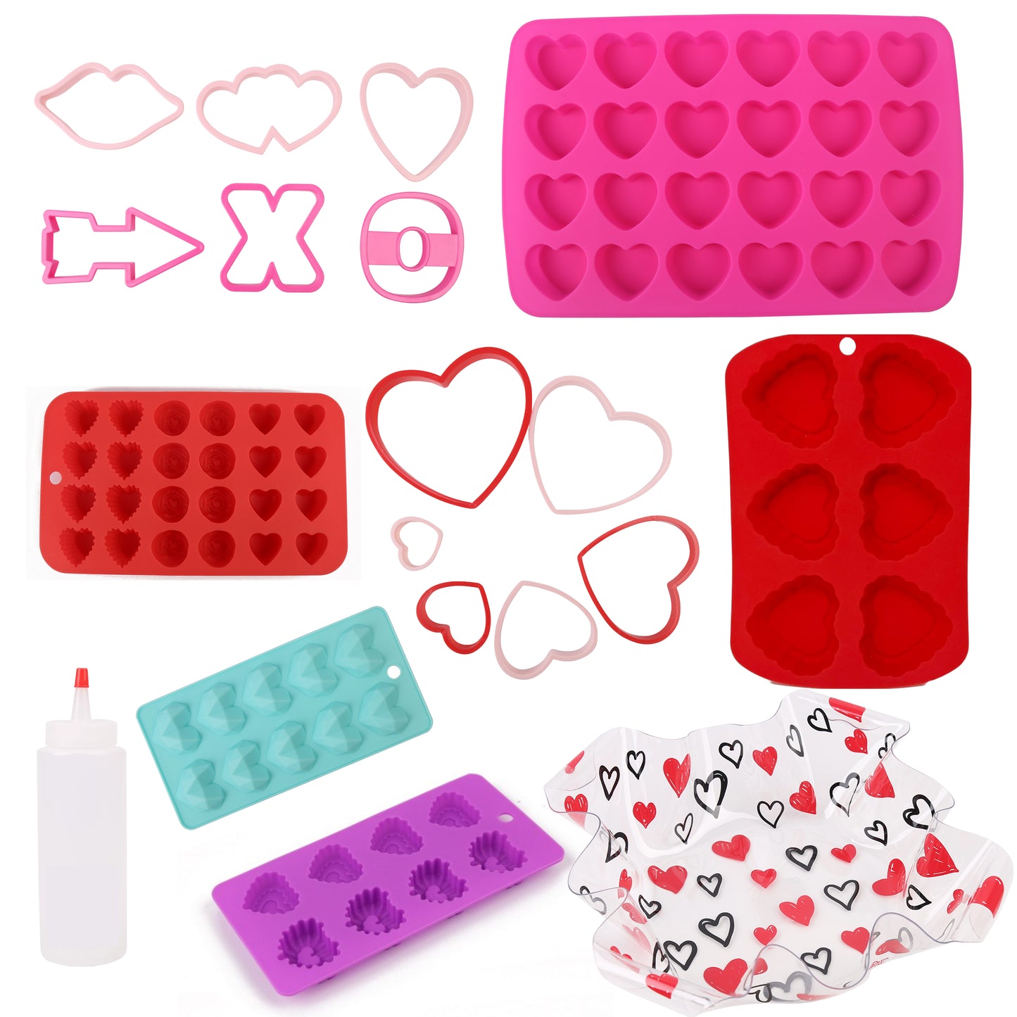 Cheep N Cheerful 19 Pc Deluxe Valentine Silicone Baking Kit, Silicone Molds, Cookie Cutters, Squeeze Bottle, Ruffled Bowl