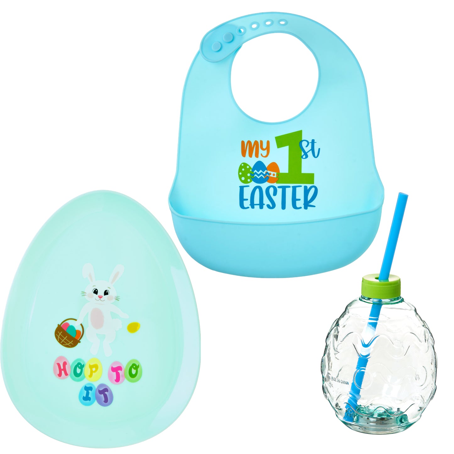 Cheep N Cheerful Baby's First Easter Bundle Boy, Silicone Bib, LED Sippy Cup, Easter Plate, 3 Pcs