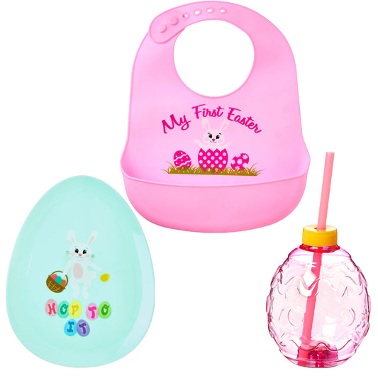 Cheep N Cheerful Baby's First Easter Bundle, Silicone Bib, LED Sippy Cup, Easter Plate, 3 Pcs