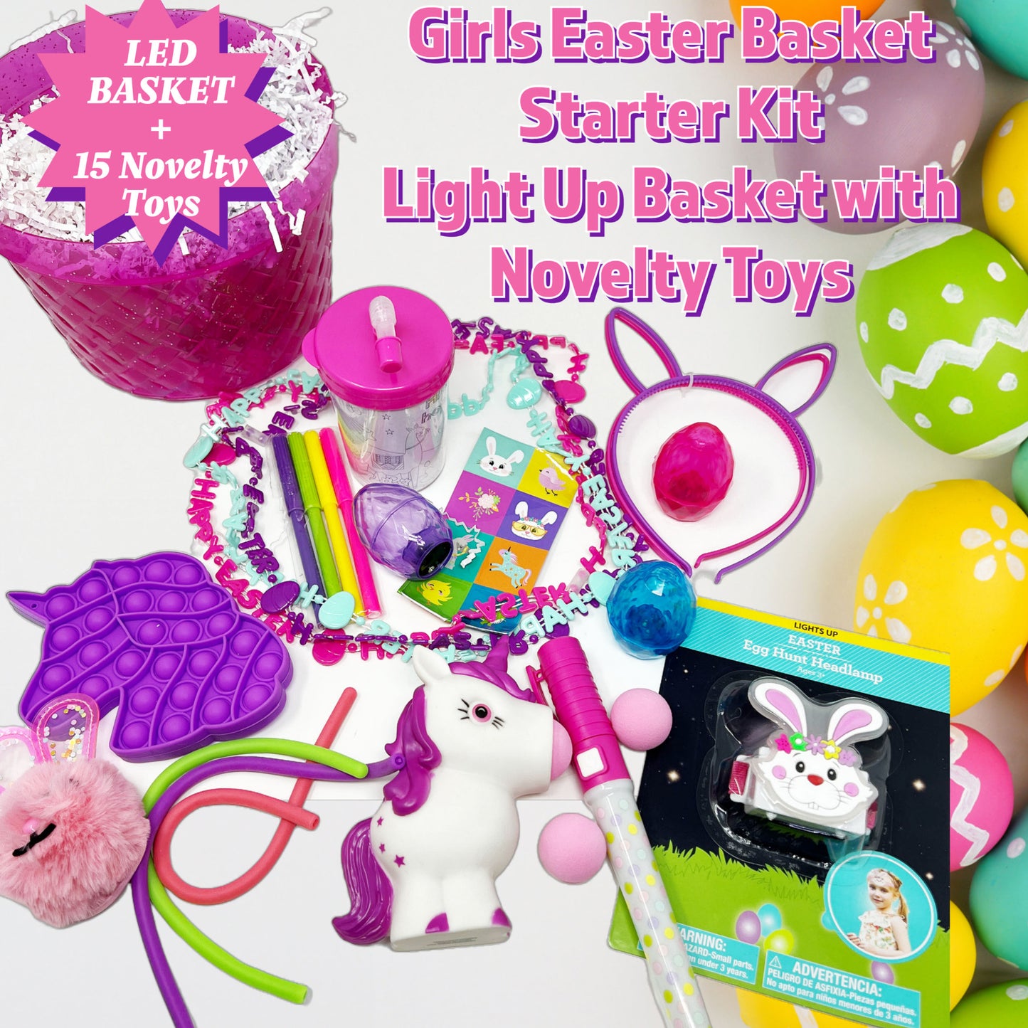 Cheep N Cheerful Deluxe Build a Basket Girl Novelty Toys, LED Easter Basket with Novelty Easter Toys, 16 Pcs