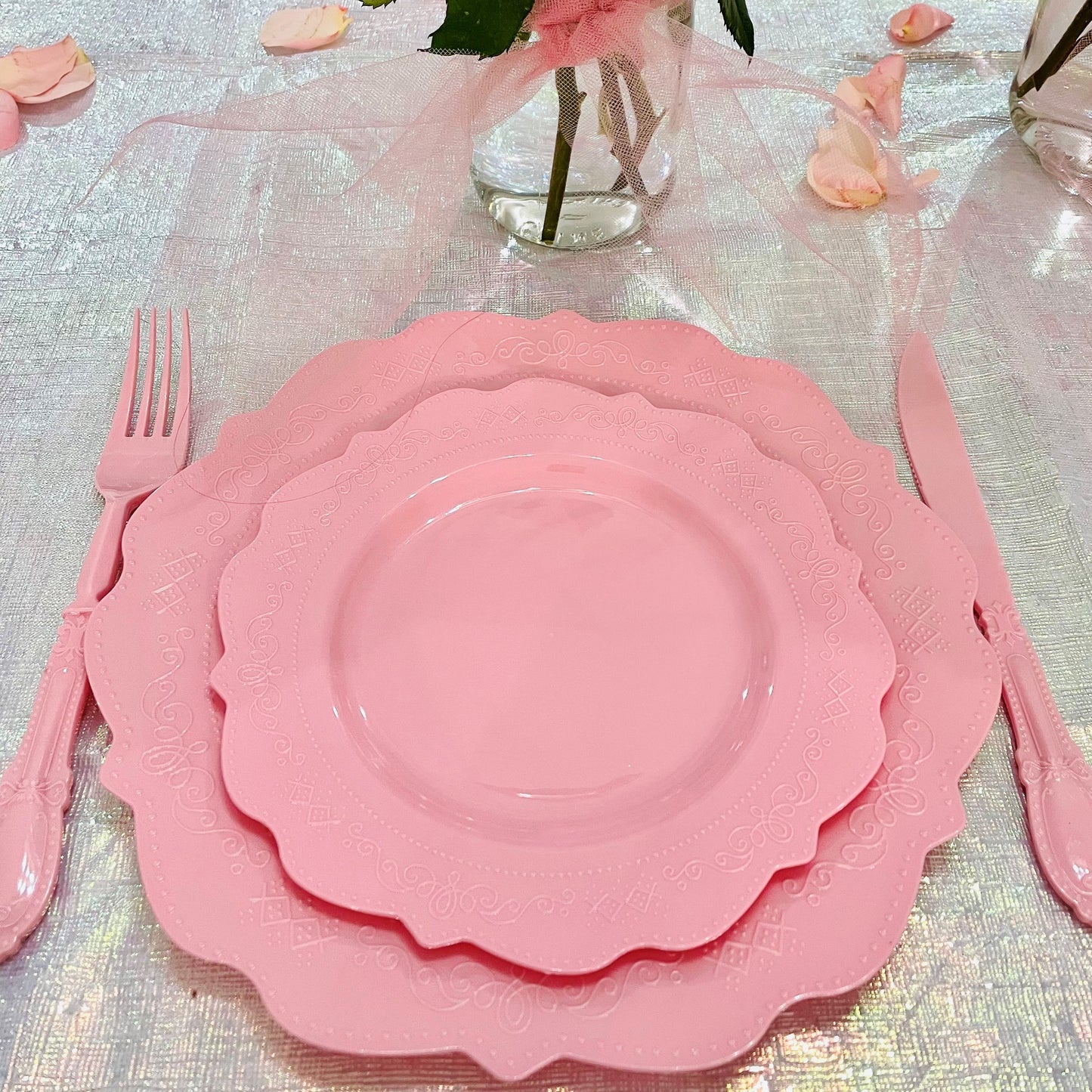 Elegant Pink Tableware Bundle, Dinner Plates, Dessert Plates, Cutlery, Disposable Partyware for 20 guests, 88 total pieces