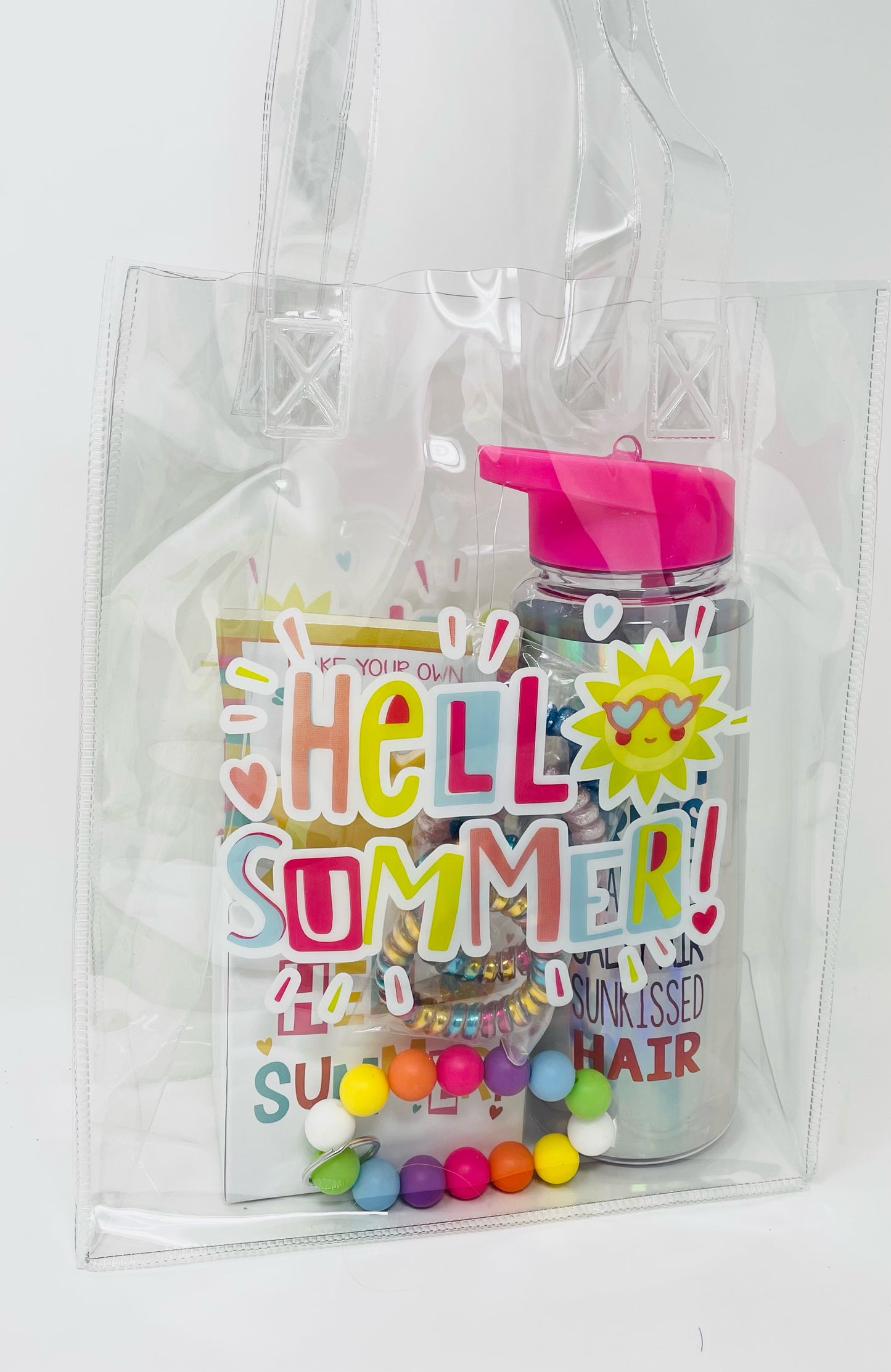 Cheep N Cheerful "Hello Summer" Gift Bundle, Water Bottle, Note Pad, Summer Tote, Hair Ties, Key Chain, Teacher Giftable