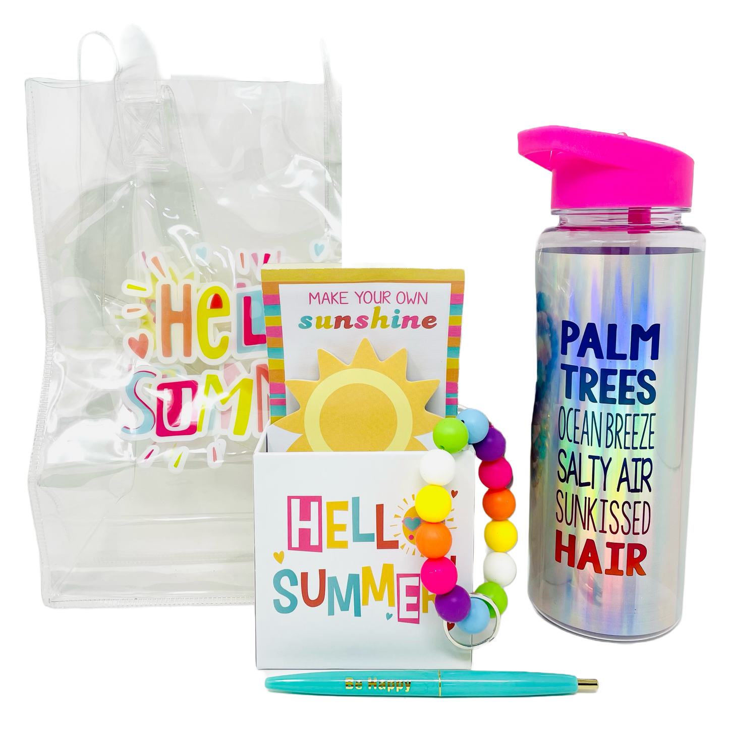 Cheep N Cheerful "Hello Summer" Gift Bundle, Water Bottle, Note Pad, Summer Tote, Hair Ties, Key Chain, Teacher Giftable