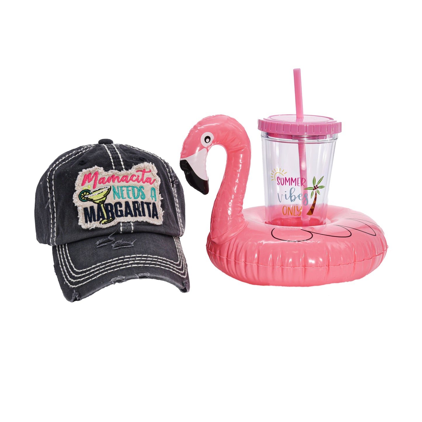 Distressed black "Mamacita Needs a Margarita" Cap with Summer Vibes Only Tumbler and Flamingo Floatie, Giftable, Summer Accessories