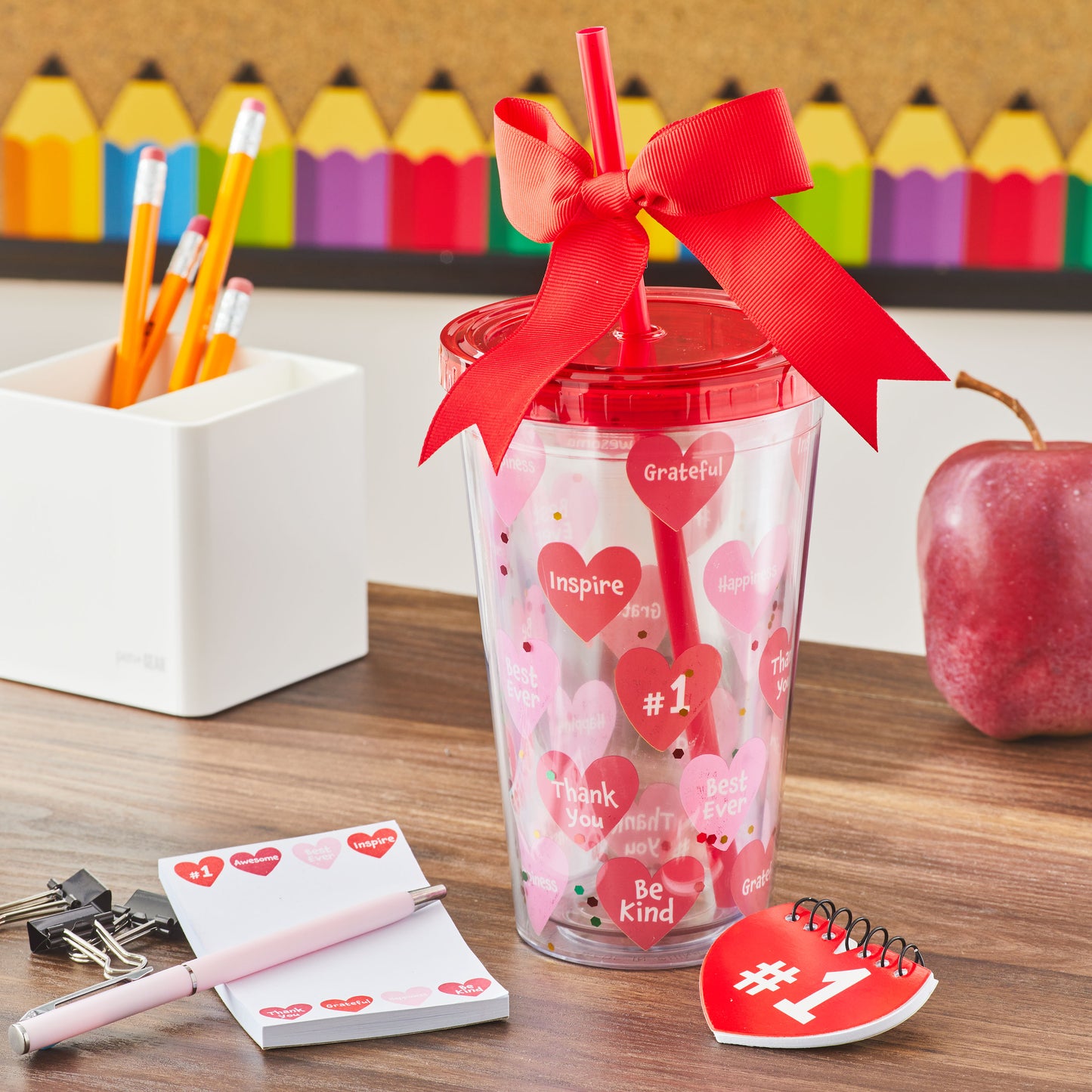 Cheep N Cheerful Valentines Day Teacher Gift Set, Tumbler, Solar Flower, Stationary Set, 10 pcs