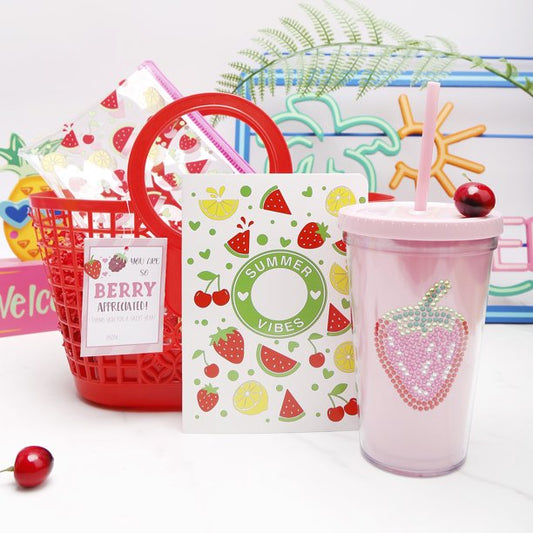 Cheep N Cheerful Teachers Appreciation Gift Basket Bundle, Red Jelly Basket, Tumbler, Notepad, and Clear Pouch, Gift Set